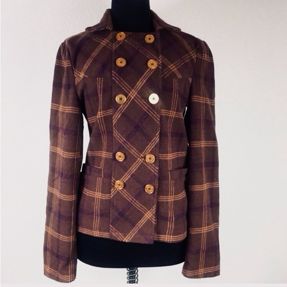 Volcom Plaid Purple and Brown Pea Coat Size SP